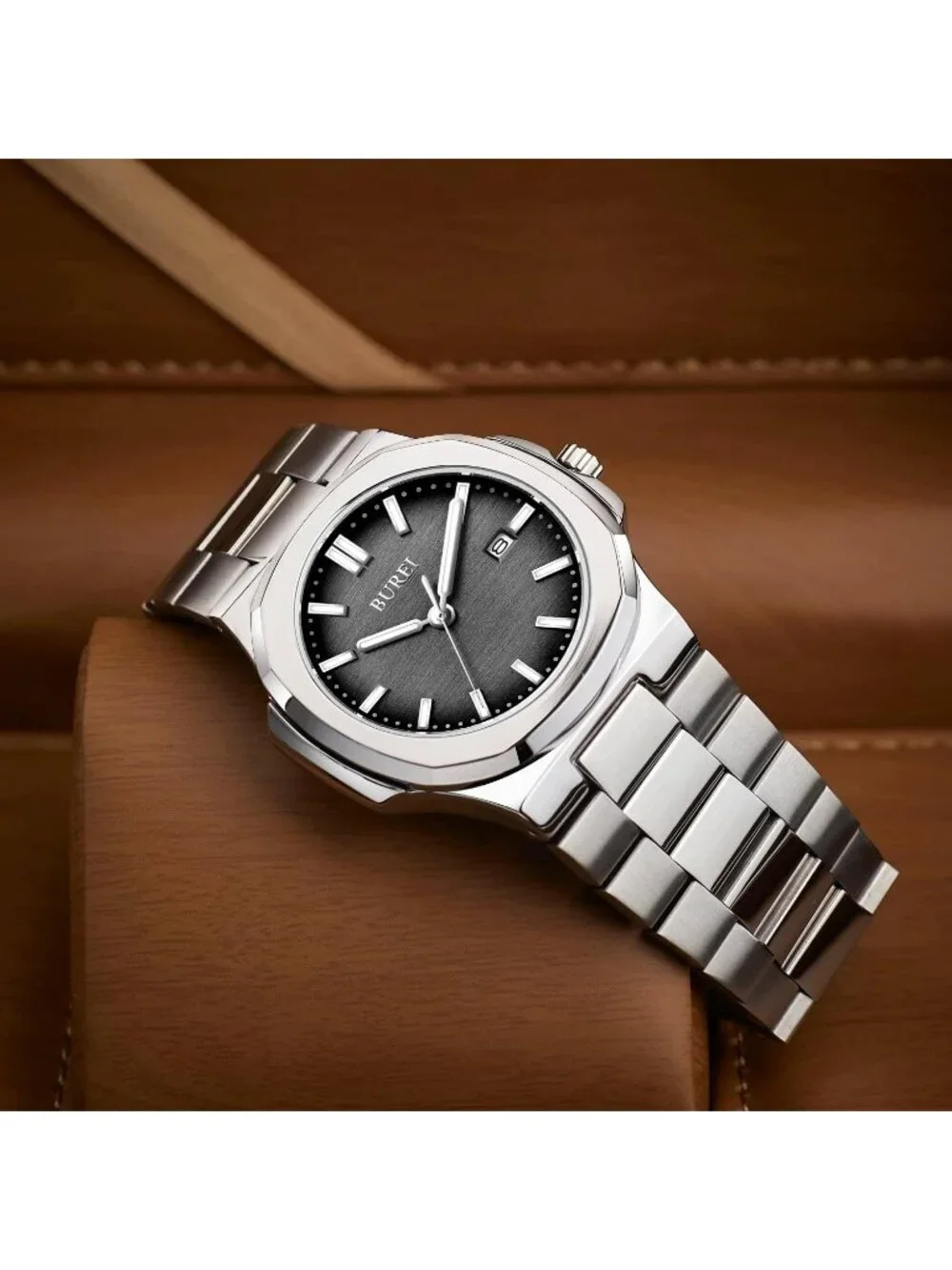 Men's Black Silver Analog Quartz Stainless Steel Waterproof Round Luxury Watch